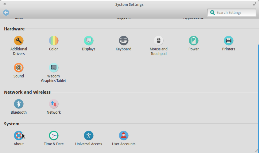 Opening Elementary OS About Menu